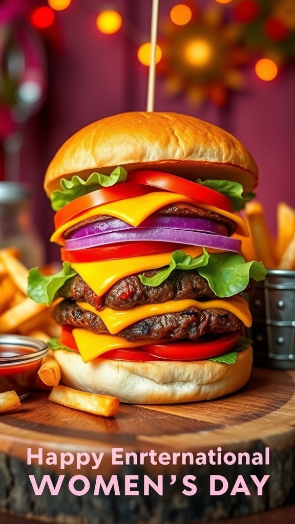 A delicious burger with beef patty, cheddar cheese, lettuce, and tomato on a wooden platter with fries.